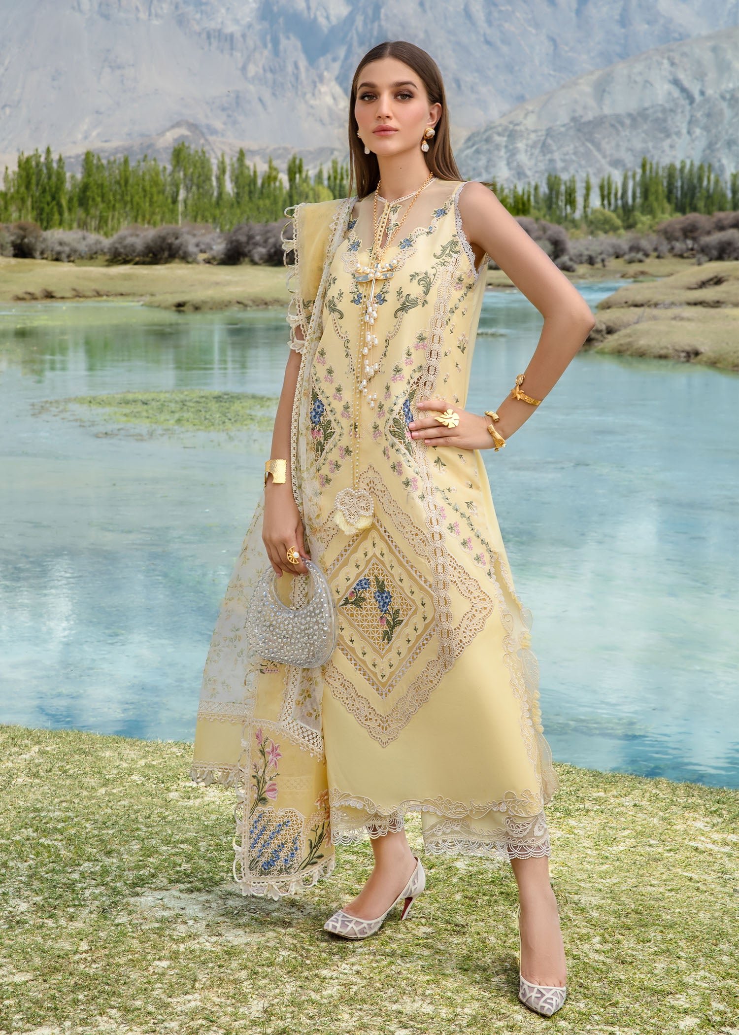 Elegant Summer Luxury Embroidery Unstitched Lawn Cotton Lemon Yellow Dress
