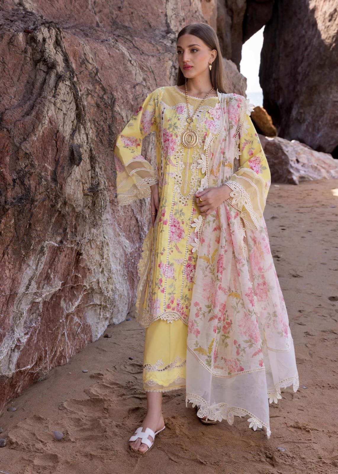 Elegant Summer Luxury Embroidery Unstitched Lawn Lemon Yellow Dress