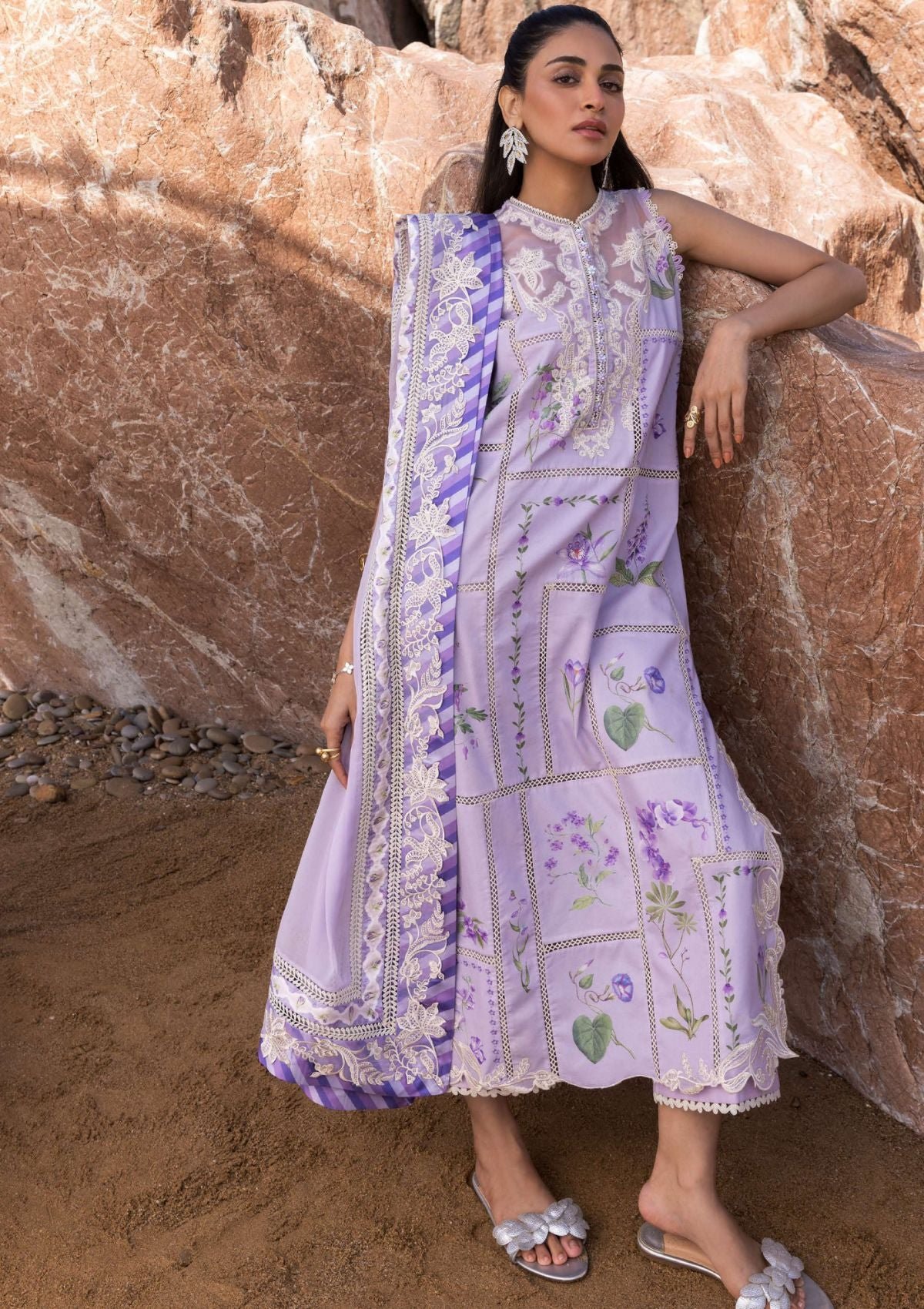 Elegant Summer Luxury Embroidery Unstitched Lawn  Purple Dress