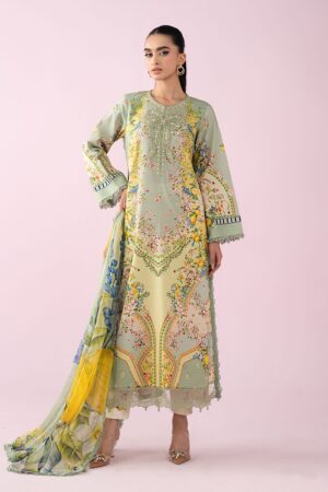 Elegant Summer Printed Embroidery Unstitched Lawn mint green Dress