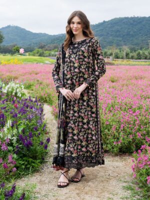 Elegant Summer Printed Embroidery Unstitched Lawn Black Dress