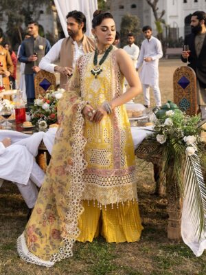 Elegant Summer Luxury Embroidery  Unstitched  Chikankari Lawn Cotton Yellow Dress