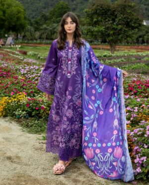 Elegant Summer Luxury Embroidery  Unstitched Lawn  Cotton Dark purple Dress