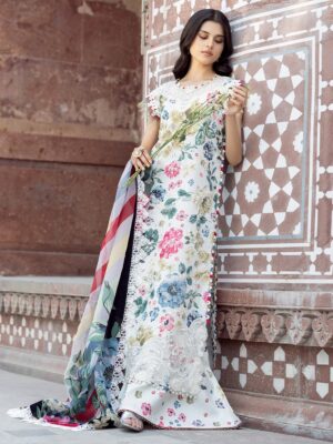 Elegant Summer Printed Embroidery Unstitched Lawn white floral Dress
