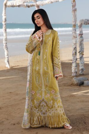 Elegant Summer Luxury Embroidery  Unstitched Lawn Cotton Mustard yellow Dress