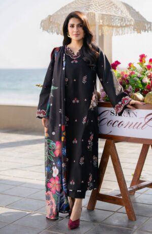 Elegant Summer Printed Embroidery Chikankari Unstitched Lawn Black Dress