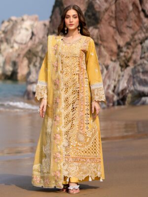 Elegant Summer Luxury Embroidery  Unstitched Lawn Cotton Yellow Dress