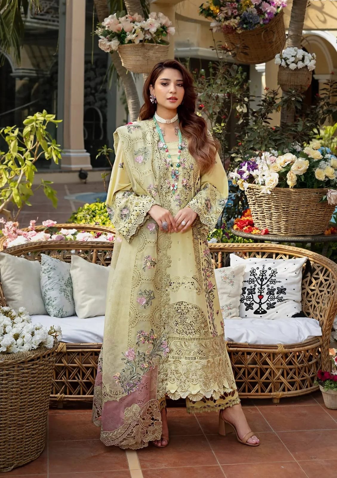 Elegant Summer Luxury Embroidery  Unstitched Chikankari Lawn Cotton Lemon Yellow Dress