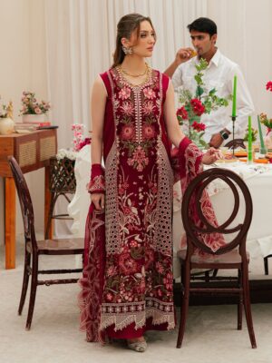 Elegant Summer Luxury Embroidery  Unstitched Lawn Cotton Red Dress