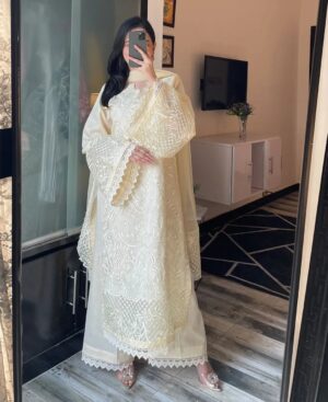 Elegant Summer Luxury Embroidery  Unstitched Lawn Cotton Cream Dress