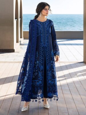 Elegant Summer Luxury Embroidery  Unstitched Lawn Cotton Navy Blue Dress