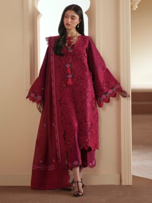 Elegant Summer Luxury Embroidery  Unstitched Lawn Cotton Red Maroon Dress