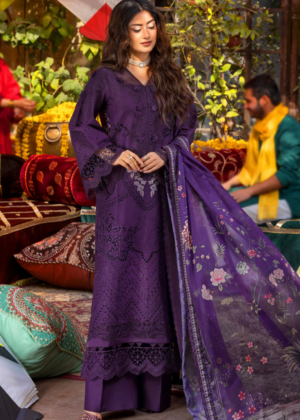 Elegant Summer Luxury Embroidery  Unstitched Lawn Cotton Dark purple Dress