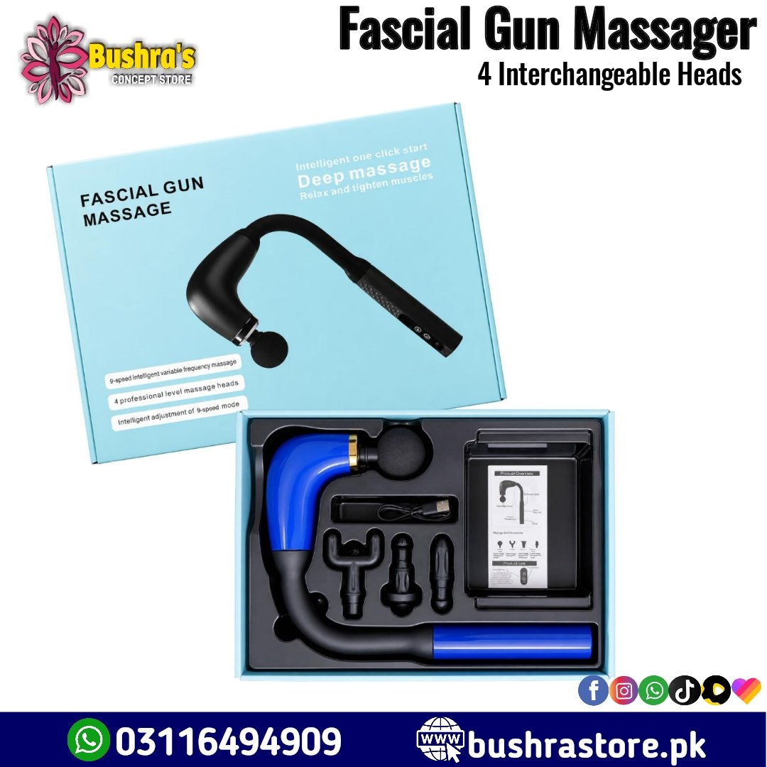 Long-Handle Fascial Gun Massager Massage Tool with 4 Interchangeable Heads