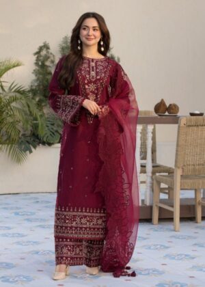 Elegant Summer Luxury Embroidery  Unstitched Lawn Cotton Maroon Dress