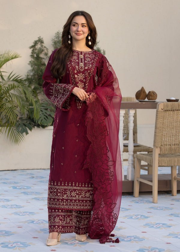 Elegant Summer Luxury Embroidery Unstitched Lawn Cotton Maroon Dress