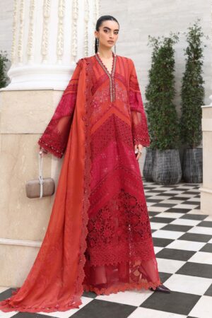 Elegant Summer Luxury Embroidery  Unstitched Lawn Cotton Red Dress