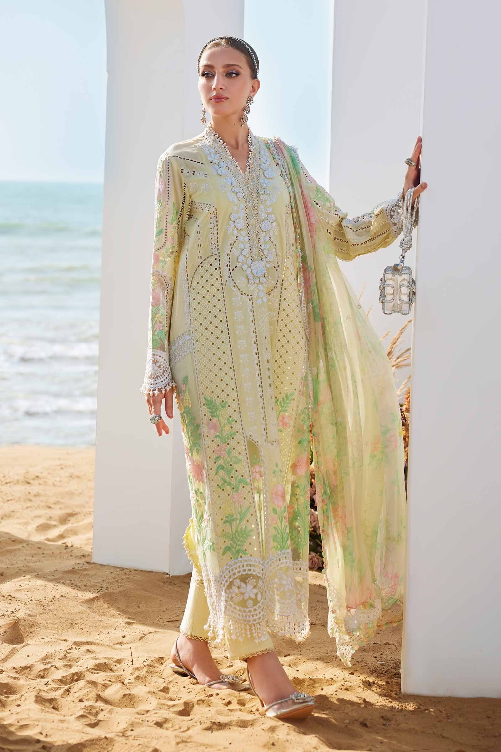 Elegant Summer Luxury Embroidery Unstitched Lawn Cotton Lemon Yellow Dress