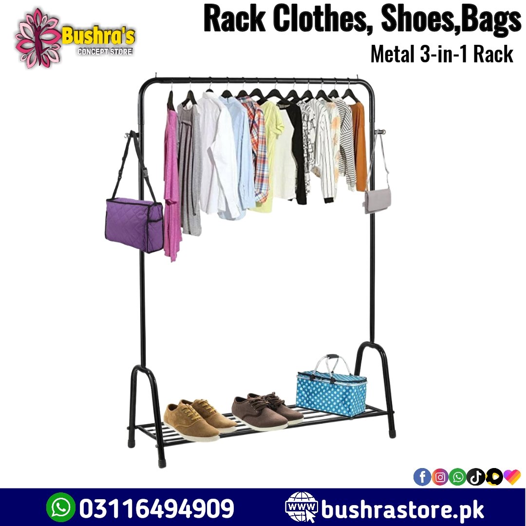 Black Metal 3-in-1 Rack for Clothes, Shoes & Bags